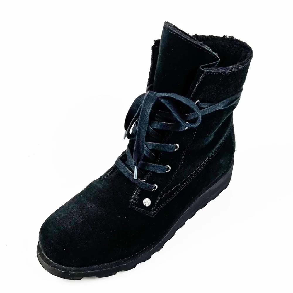 BearPaw Womens Black Suede Lace Up Boots Size 9